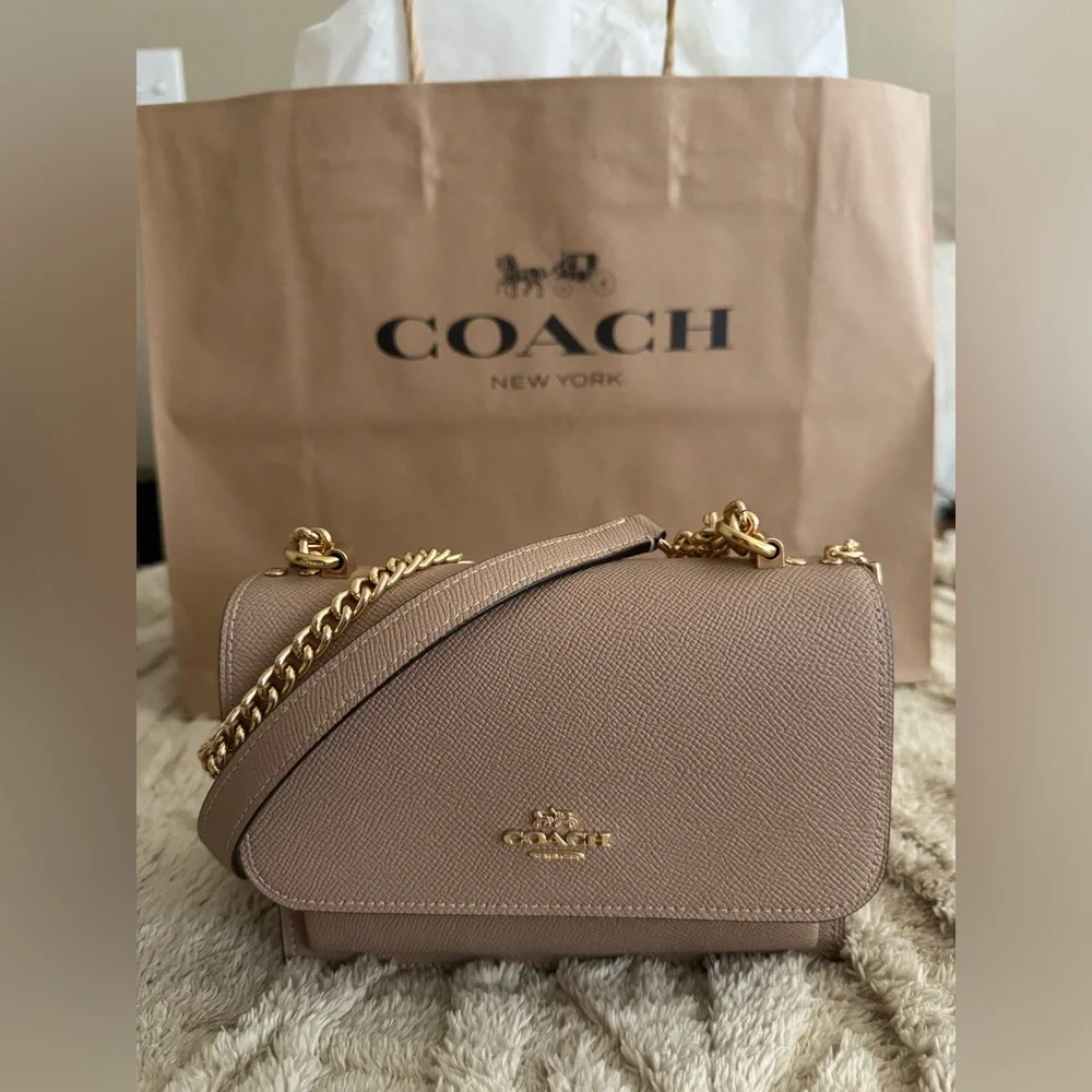 Coach Mini Klare Beige Leather Crossbody Bag with Gold Chain